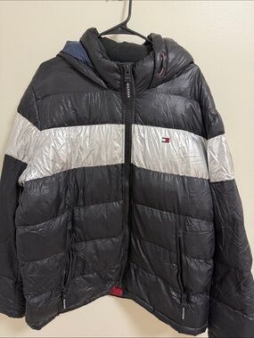 Tommy Hilfiger Men’s Black Jacket with Silver Chest Stripe